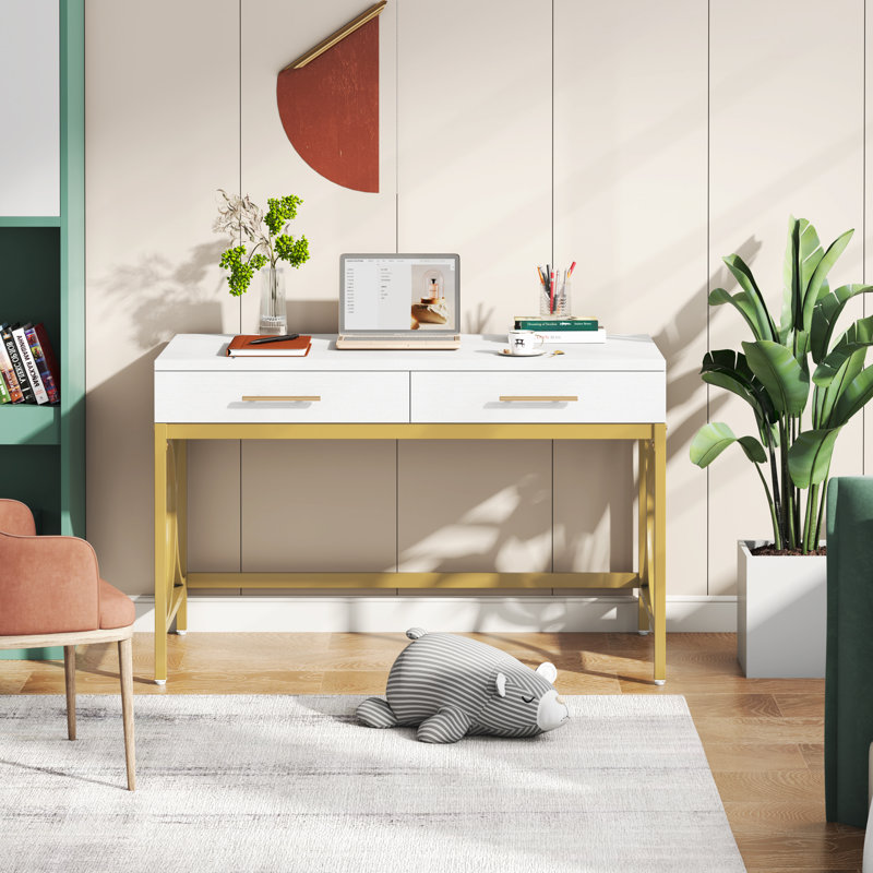 41 in Computer Desk With Two Drawers, White and Gold Modern Study Writing Desk, Gold