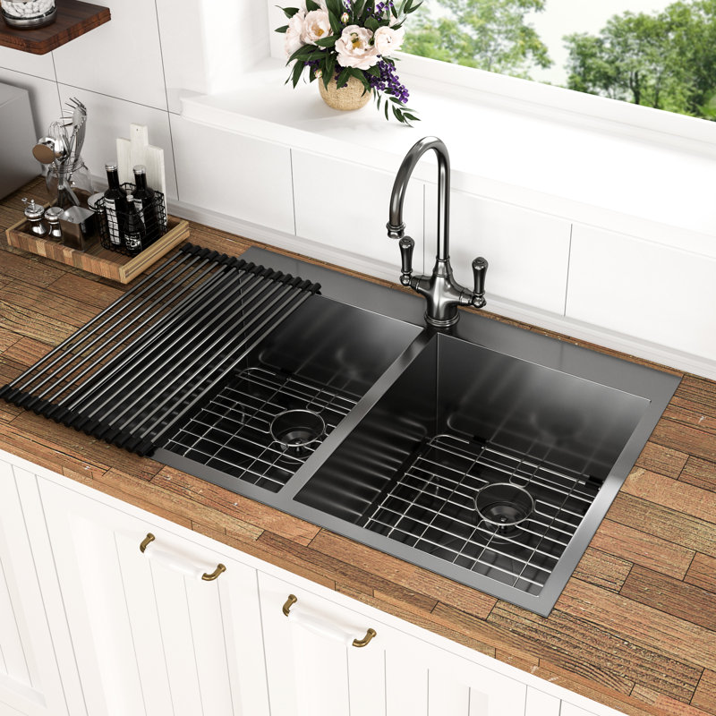 Évier encastré à double cuve noire en acier inoxydable de calibre 18, 33 po x 22 po, pratique