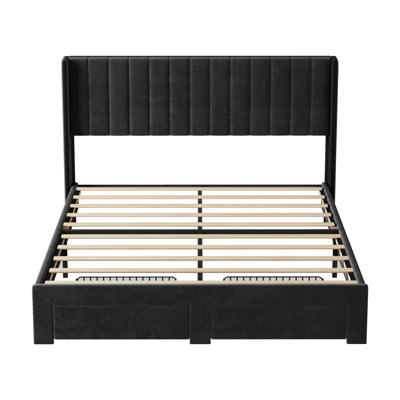 Cadre de lit grand format, cadre de lit rembourré en velours avec tête de lit à oreilles, 2 tiroirs de rangement, aucun sommier nécessaire, noir