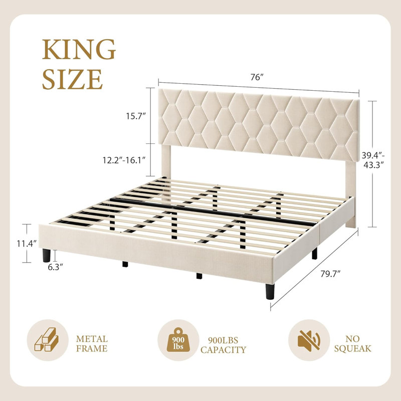 Base de lit plateforme robuste avec tête de lit en tissu réglable en hauteur, Beige, Très grand lit