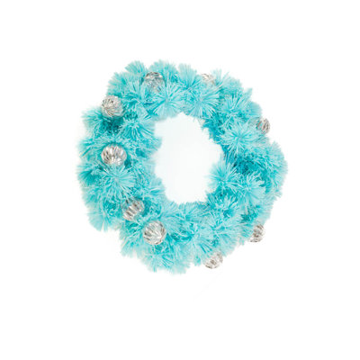 Hanging Aqua Plastic Ribbon Pine Cool White Fiber Optic Wreath with Silver Bulbs
