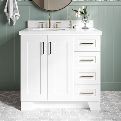 Frawley 37'' Solid Wood Single Bathroom Vanity in White with 1.5'' Pure White Quartz Top, Left Offset, Oval Sink