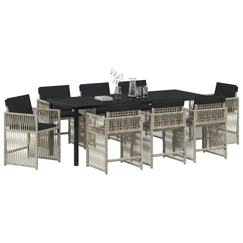 Emiya 8 - Person Patio Dining Set with Rectangular Table, Black Cushion/Grey Frame