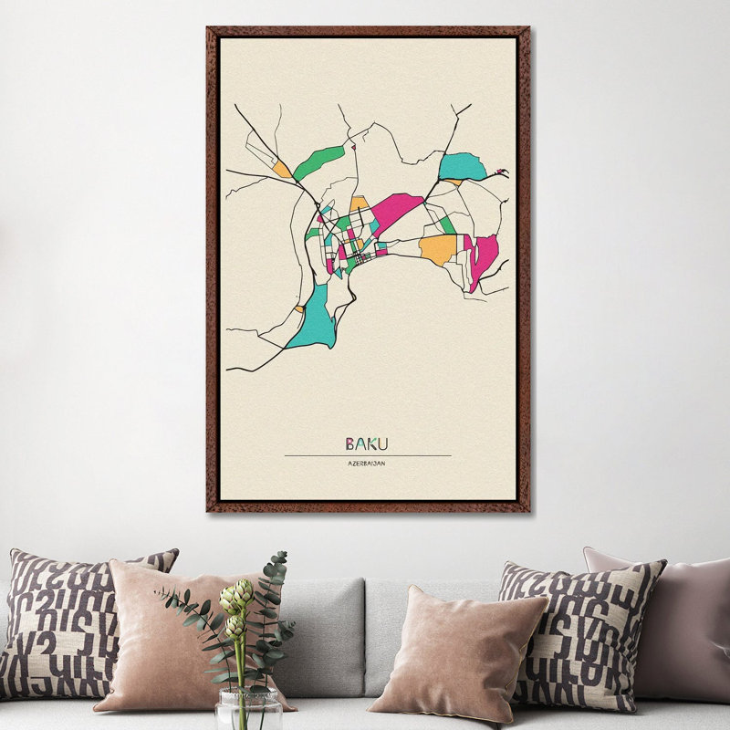 Baku, Azerbaijan Map by Ayse Deniz Akerman - Print on Canvas, Brown Floater Frame, 101.6 cm H x 66.04 cm W
