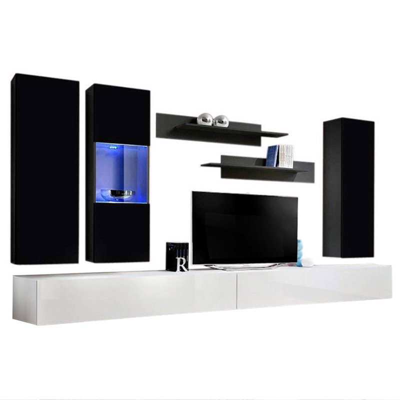 Vreeland 126" Modern Floating Wall Mounted Entertainment Center with 16-Color LED Lighting, High Gloss Finish, Black/White