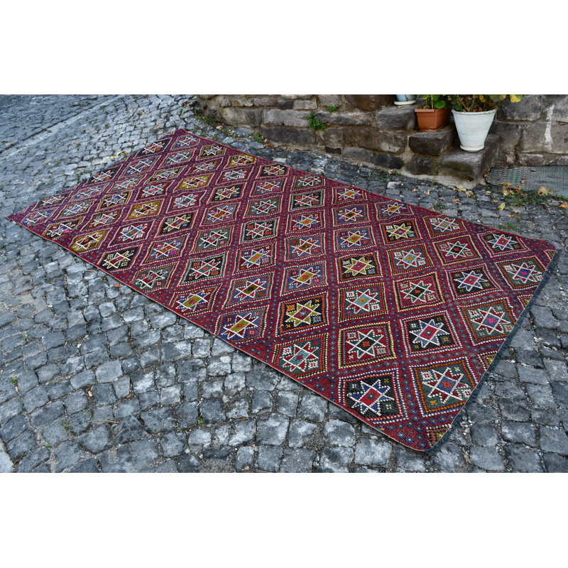 Tapis kilim turc rétro tissé à la main avec motif d'étoiles géométriques rouges pour le salon / rouge / arc-en-ciel