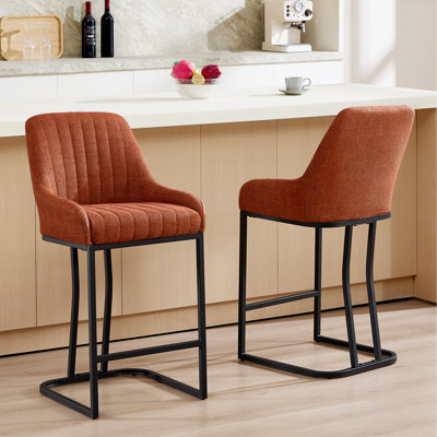 Counter Height Bar Stools Set of 2, Linen Upholstered Chairs with Curved Backrest & Armrests