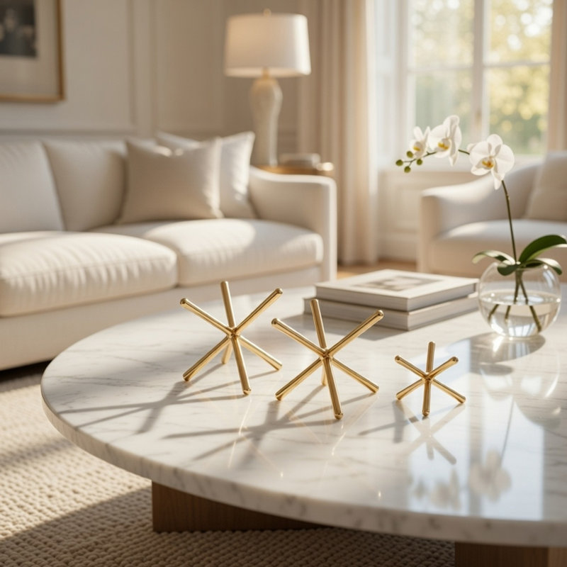 Ensemble de 3 éléments décoratifs pour table, sculpture abstraite « Jouer au Jack », or moderne