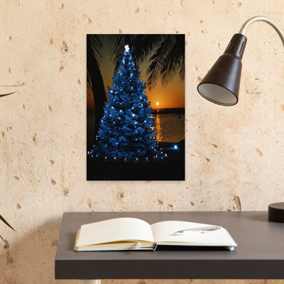 1970s BLUE CHRISTMAS TREE WITH LIGHTS ON TROPICAL BEACH AT SUNSET TACKY by H. Armstrong Roberts - Wrapped Canvas Print