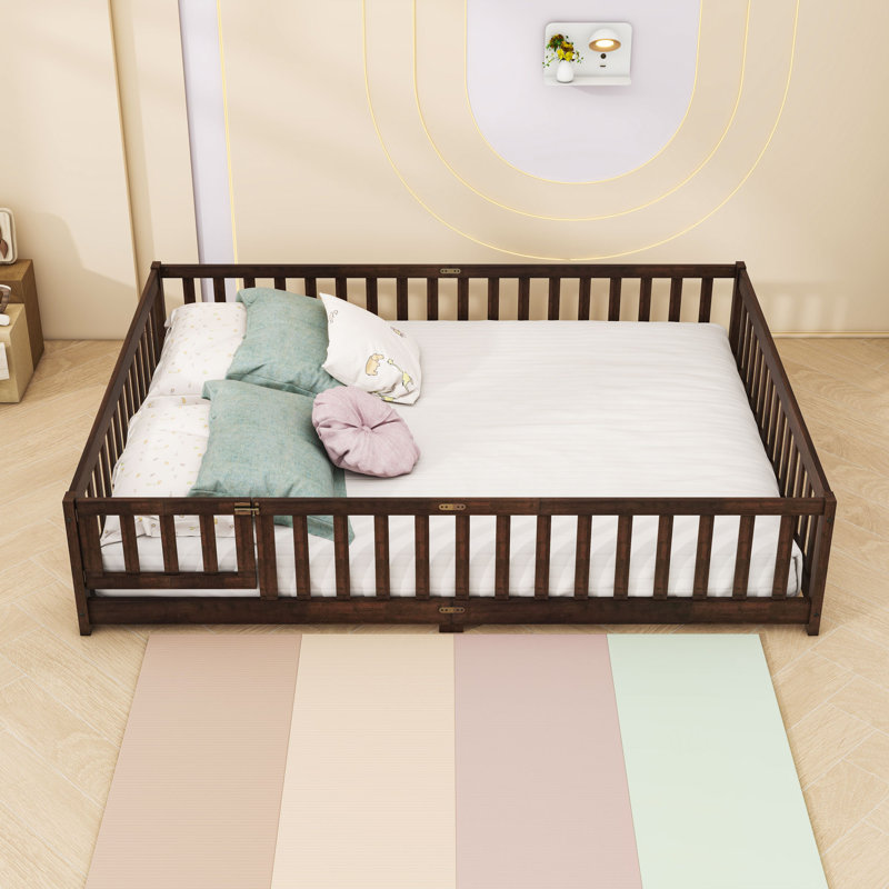 Queen Size Floor Bed With Guardrails And Slats, Espresso