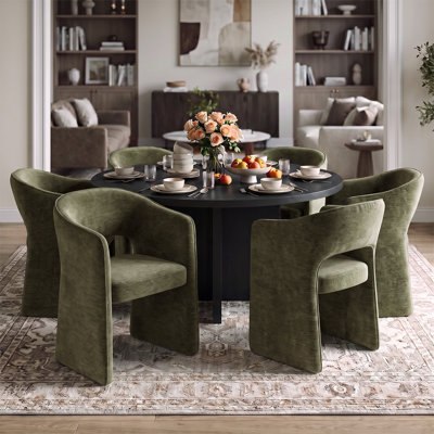 Ensemble de table de salle à manger ronde en placage de bois de 60 pouces avec 6 fauteuils à dossier incurvé en chenille