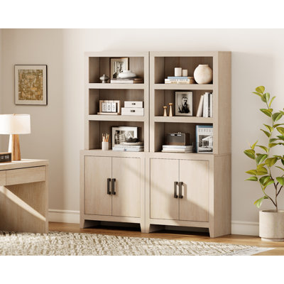 74" Tall Bookshelf With Door, Farmhouse Bookcase With Adjustable Shelf And Storage Cabinet, Library Wooden Bookshelf For Living Room, Office, Beige, Set Of 2
