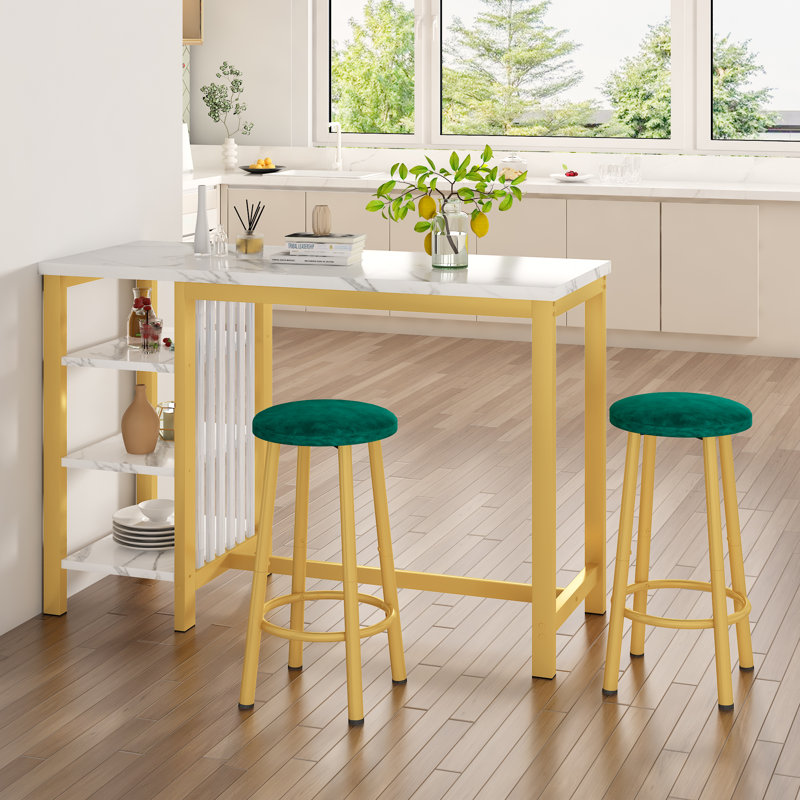 3 - Piece Counter Height Bar Table Set With 2 Upholstered Stools, White Marble/Gold, Emerald/Gold