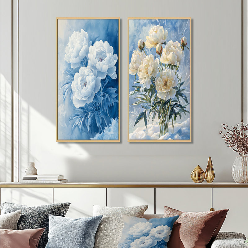 Pivoines givrées «Frost Kissed» - Collection de 2 panneaux de toiles florales, Cadre crème crème, H 28 po x l 25 po
