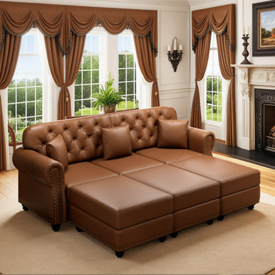 Mid-Century Modern 82.6" Upholstered Sofa With Nailhead Trim And 3 Ottomans, Faux Leather, Chesterfield Sofa With Button Tufted