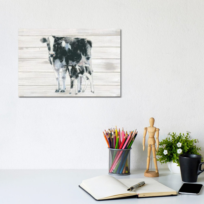 Cow And Calf On Wood by Emily Adams - Gallery-Wrapped Canvas Giclée on Canvas, 20.32 cm H x 30.48 cm W, Wrapped Canvas