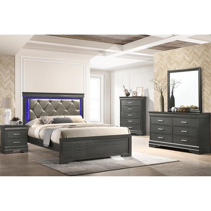Élégant lit simple en bois gris avec tête de lit pour une chambre à coucher tendance