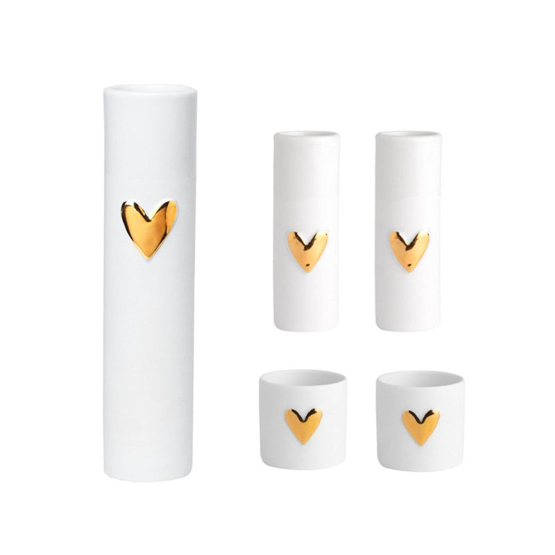 Love Heart Vases and Tealights Set, White;Gold