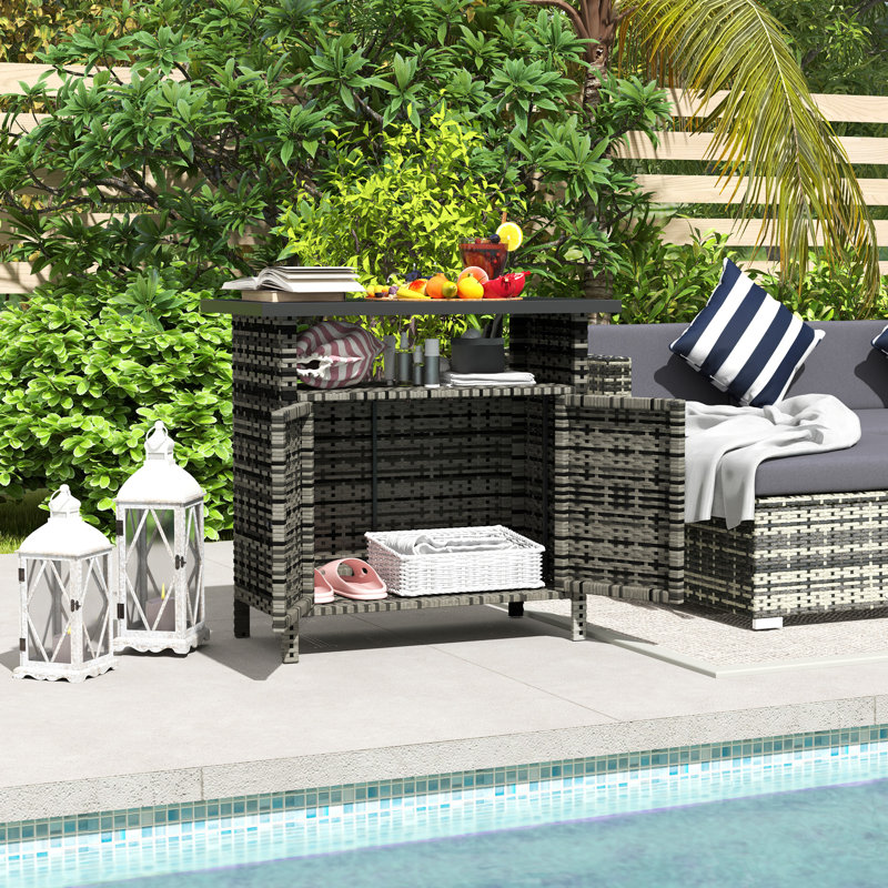 Wicker Outdoor Storage Cabinet With Two Doors And Shelf For Outdoor Pool Towel Storage, Mixed Gray, Mixed Gray