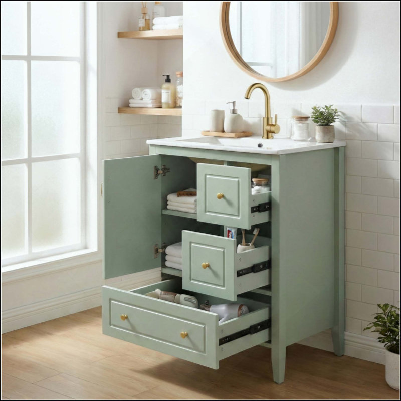 Meuble-lavabo de salle de bain avec lavabo, une armoire avec porte à fermeture douce, 3 tiroirs à fermeture douce, poignées en métal rétro (robinet non inclus)