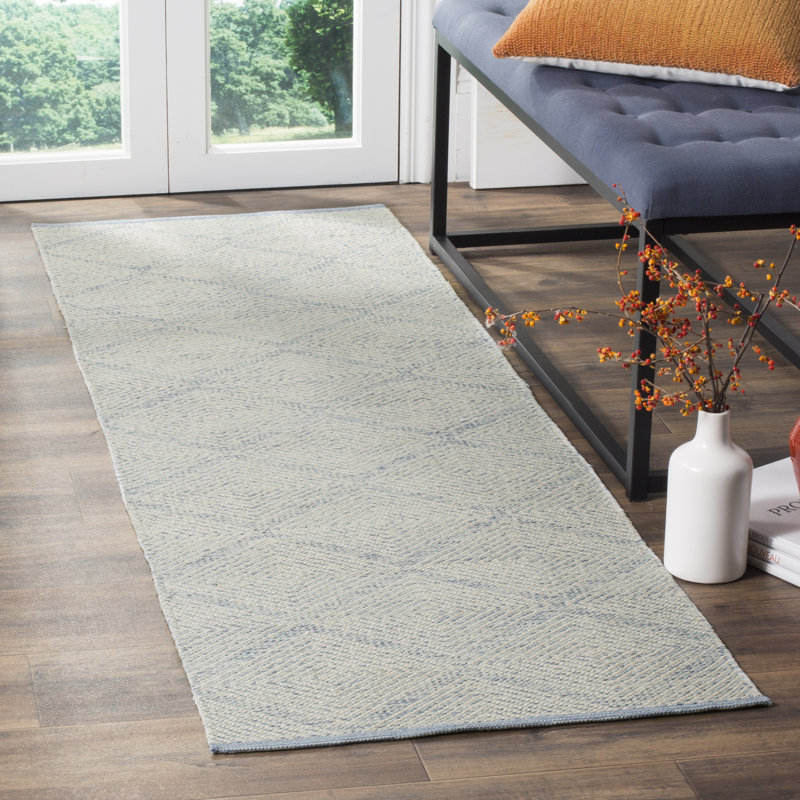 Tapis bleu clair / ivoire en coton tissé à plat à la main Bester