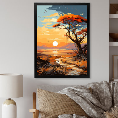Coucher de soleil africain, savane, harmonie II - arbre, art mural africain