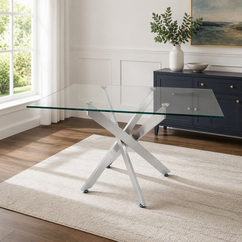 Table rectangulaire moderne en verre trempé avec cadre argenté pour une utilisation polyvalente dans les espaces de salle à manger, de salon et de bureau