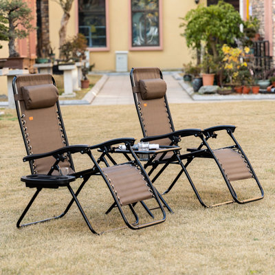 Chaise et table Zero Gravity - Chaises confortables avec filet respirant pour les espaces extérieurs, piscine, plage, coussins pliables bruns