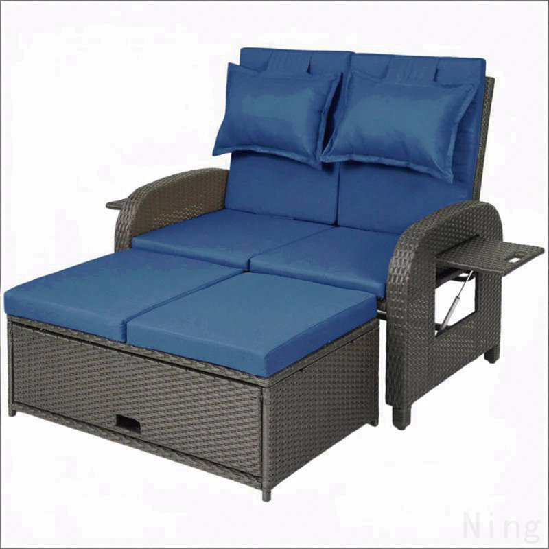 Wicker Outdoor Daybed,Rattan Daybed,Backrest Loveseat, Navy Blue