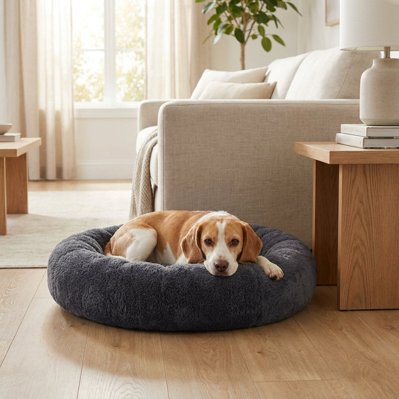 Lit pour animaux de compagnie rond et moelleux, 18.5, Gris anthracite