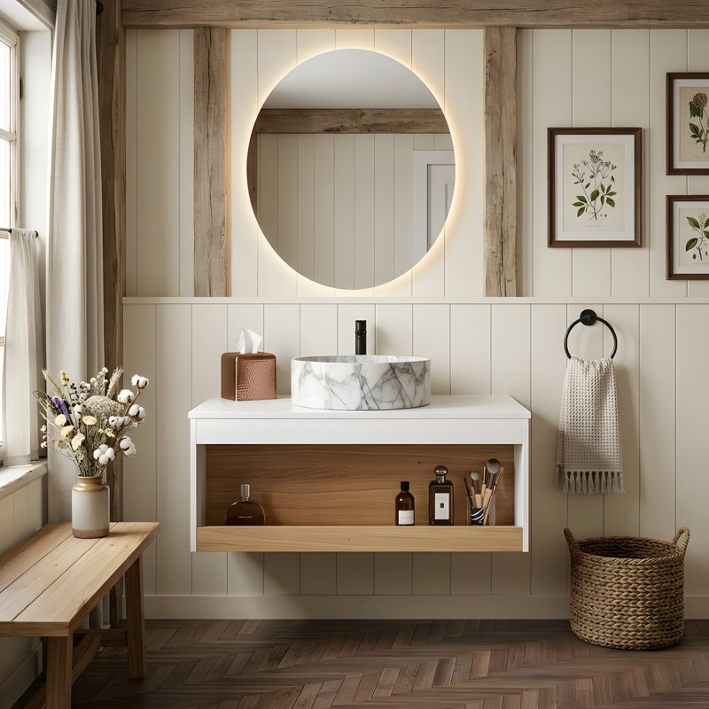 Meuble-lavabo mural 36 po avec lavabo en céramique et compartiments de rangement ouverts 36 po, 36, Gris