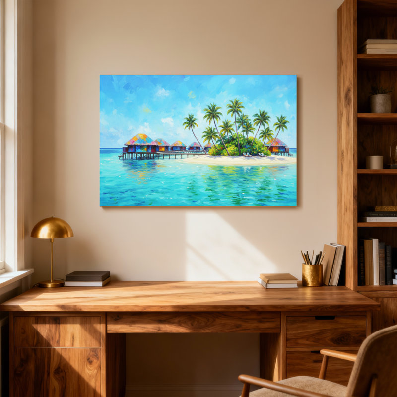 Paysage et nature, île tropicale avec palmiers et pavillons colorés, H 12 po x l 18 po