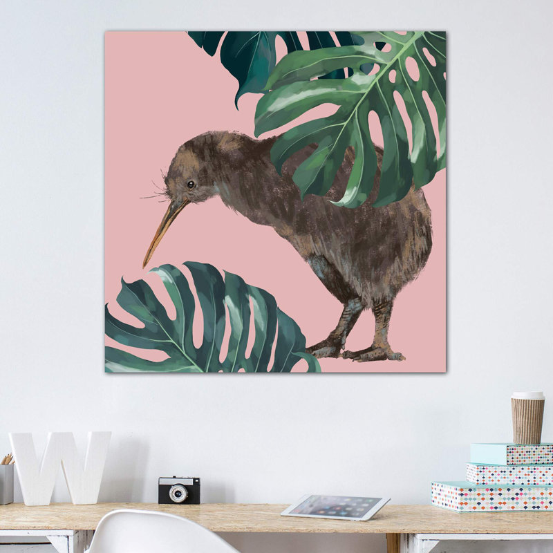 Kiwi oiseau avec monstera art, H 48 po x l 48 po x P 1,5 po, Toile tendue