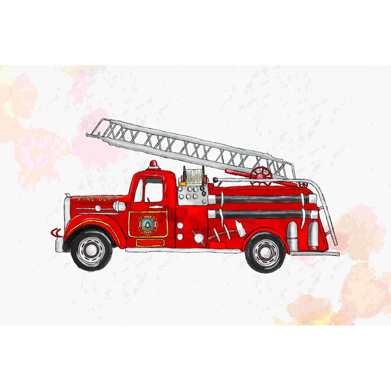 Camion de pompier - peinture sur toile tendue, H 24 po x l 36 po
