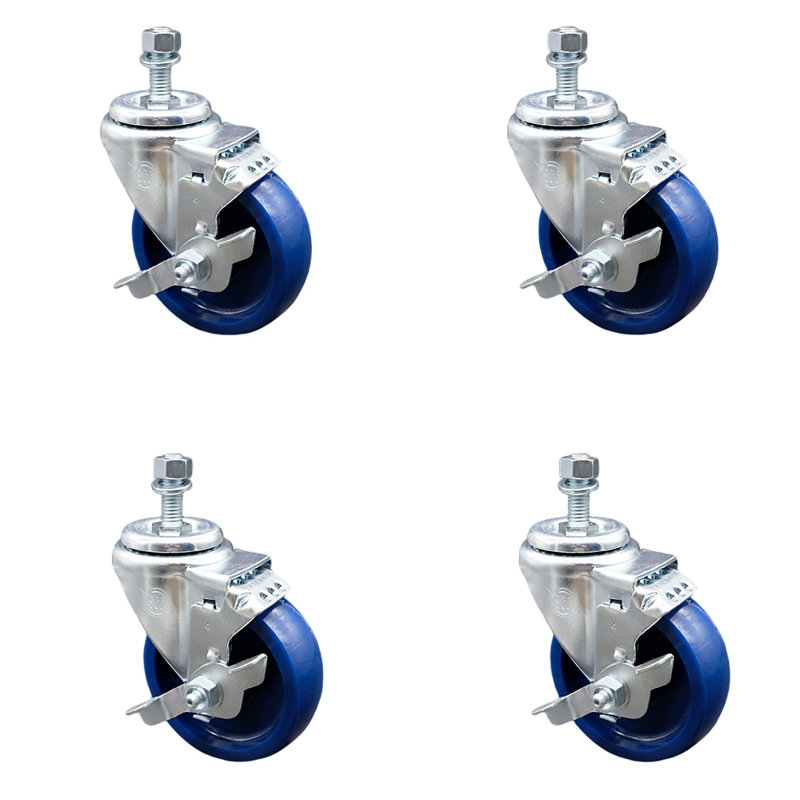 4 Inch SS Solid Polyurethane Swivel 10mm Threaded Stem Caster Set Brake SCC
