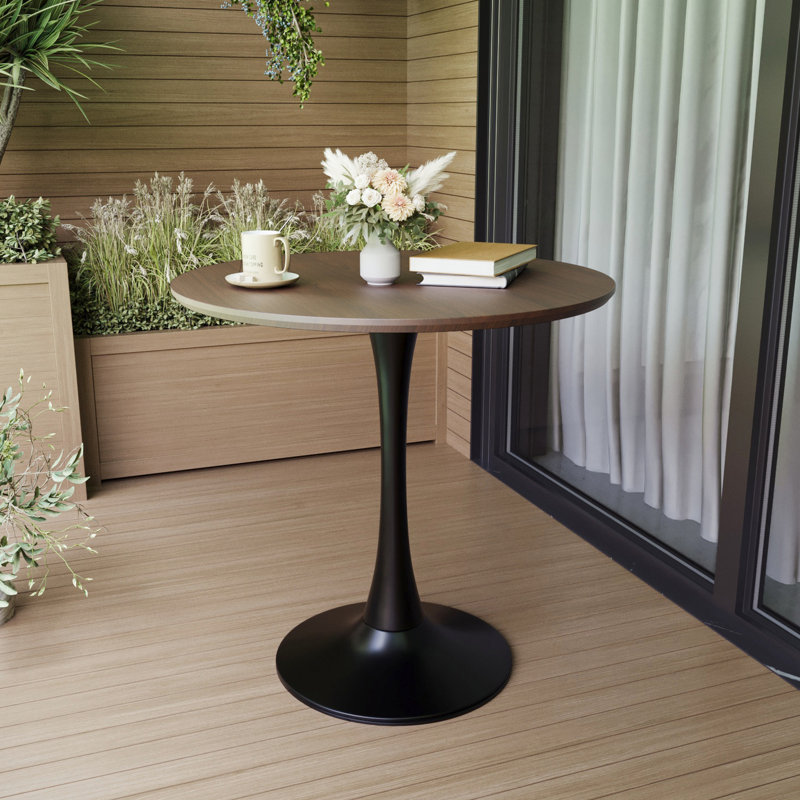 Table de salon ronde 31,5 "de couleur noyer Mid-Century avec surface et base noire, confortable pour 2 à 4 personnes dans un bureau de patio