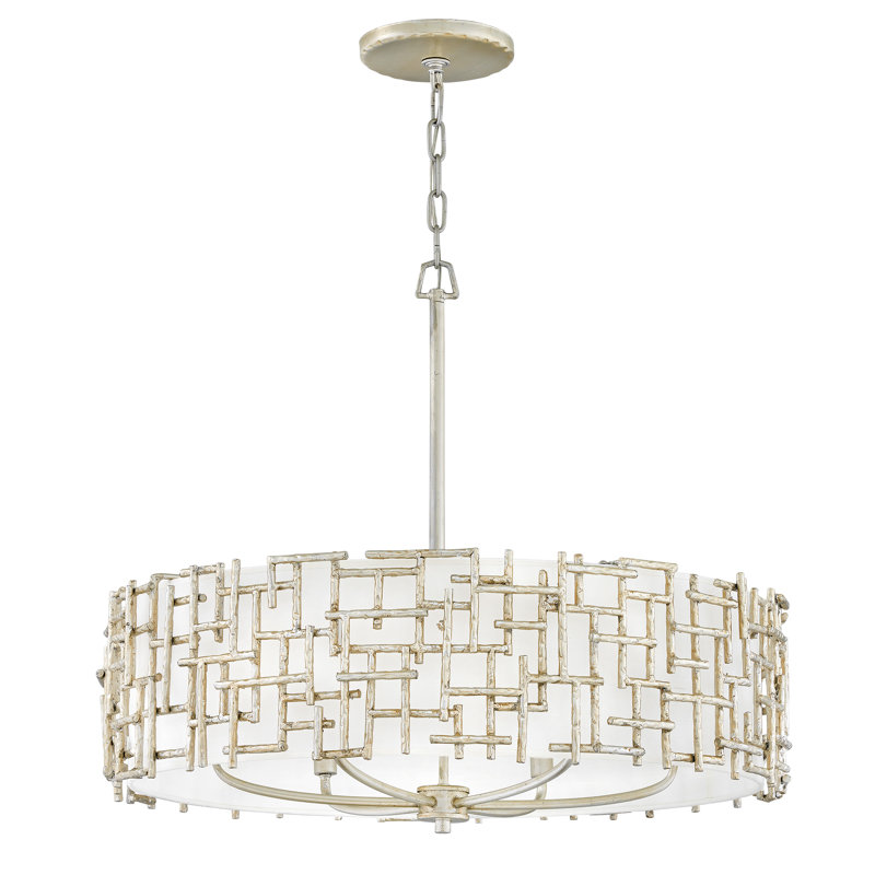 Lustre tambour en lin blanc 6 lumières Farrah avec barres hachurées martelées, Argent argent