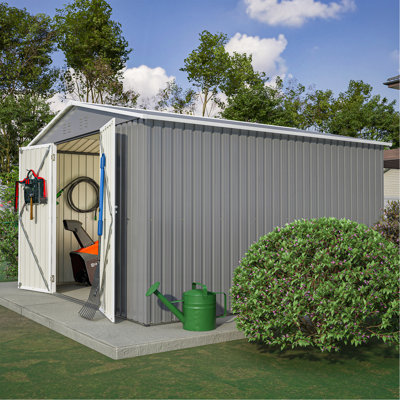 Remise de rangement extérieure 10 x 10 pi, grande remise à outils en métal avec structure à cadre et portes verrouillables, abri de jardin pour la cour de jardin, gris