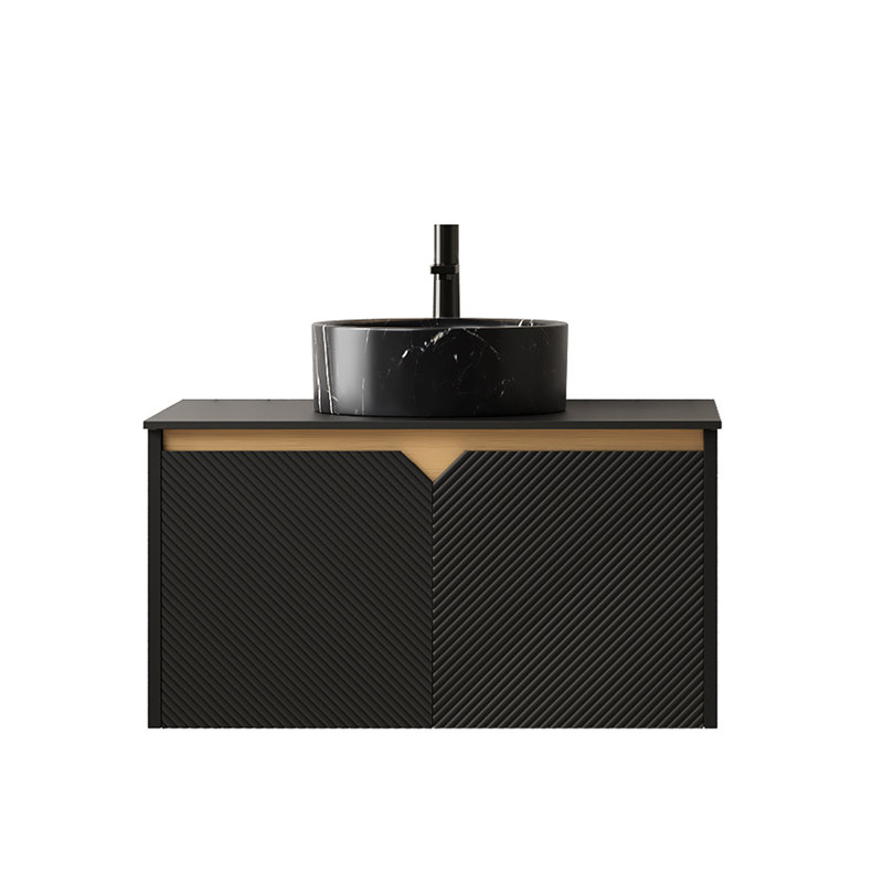 Meuble-lavabo de 30 po: vasque ronde en céramique noire, plateau en pierre frittée, portes d'armoire en bois massif sergé - Symmetry, système de fermeture en douceur, bassin de matériaux de qualité avec mécanisme de fermeture, facile à
