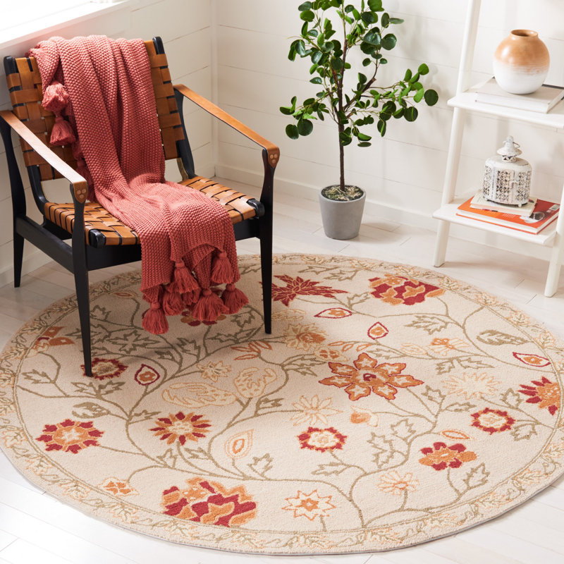 Hollander Floral Handmade Looped Wool Multi-Color Area Rug, Round 4'