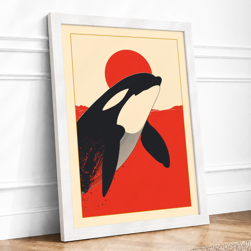 Whales Under Red Sun Mid-Century - Framed Print, A2 - 59.4 x 42.0 cm, White