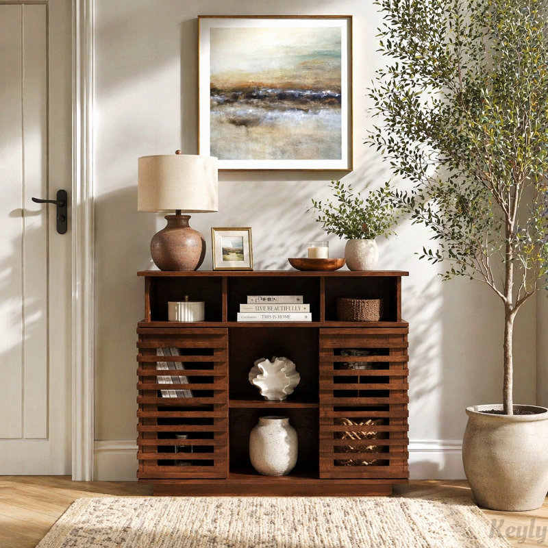 Buffet à porte coulissante 36 pouces avec tablette réglable et conception ajourée, Walnut