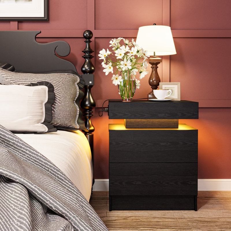 Westerly Modern Style Wooden Nightstand with LED Light and Storage Drawers, Black