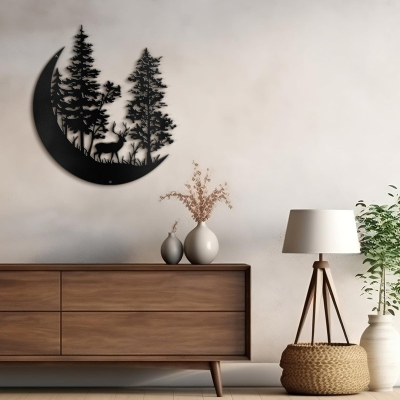 Deer in Pine Trees Forest Minimalist Modern Abstract Wall Sculpture Hangings Metal Wall Décor, 18" H x 18" W x 0.05" D, Black