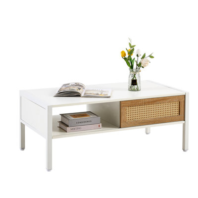 Rattan Coffee Table, Sliding Door For Storage, Metal Legs, Modern Table For Living Room