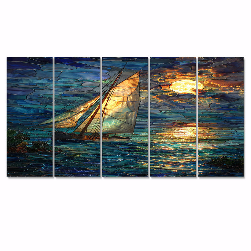 Voilier sur des vagues turquoise sous la pleine lune blanche - toile d'art plage et océan 5 pièces, H 28 po x l 60 po