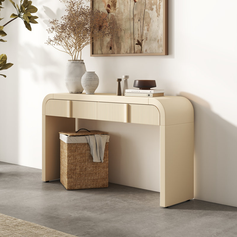 Console avec 2 tiroirs de rangement, conception arrondie cannelée pour le salon du couloir d'entrée, Bois