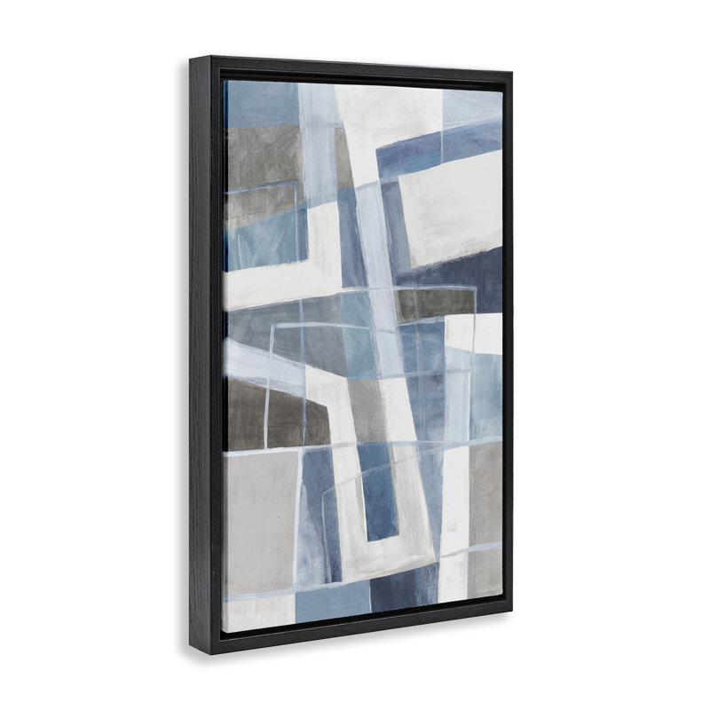 «Subtle Blue Geometrics», art mural encadré flottant, par Hannah Dawson, 25" H x 17" W, Cadre flottant noir de jais