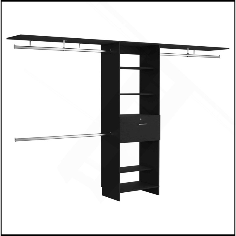 Système de placard l 70 po - l 118 po, trois tringles de suspension, cinq tablettes, un tiroir, noir