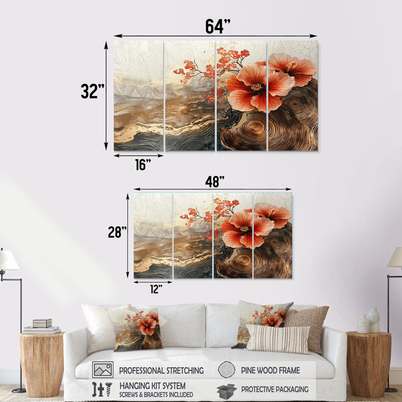 Fleurs d'hibiscus sur un horizon en bois I - Hibiscus Wall Art - Décoration murale traditionnelle, H 32 po x l 64 po, 4